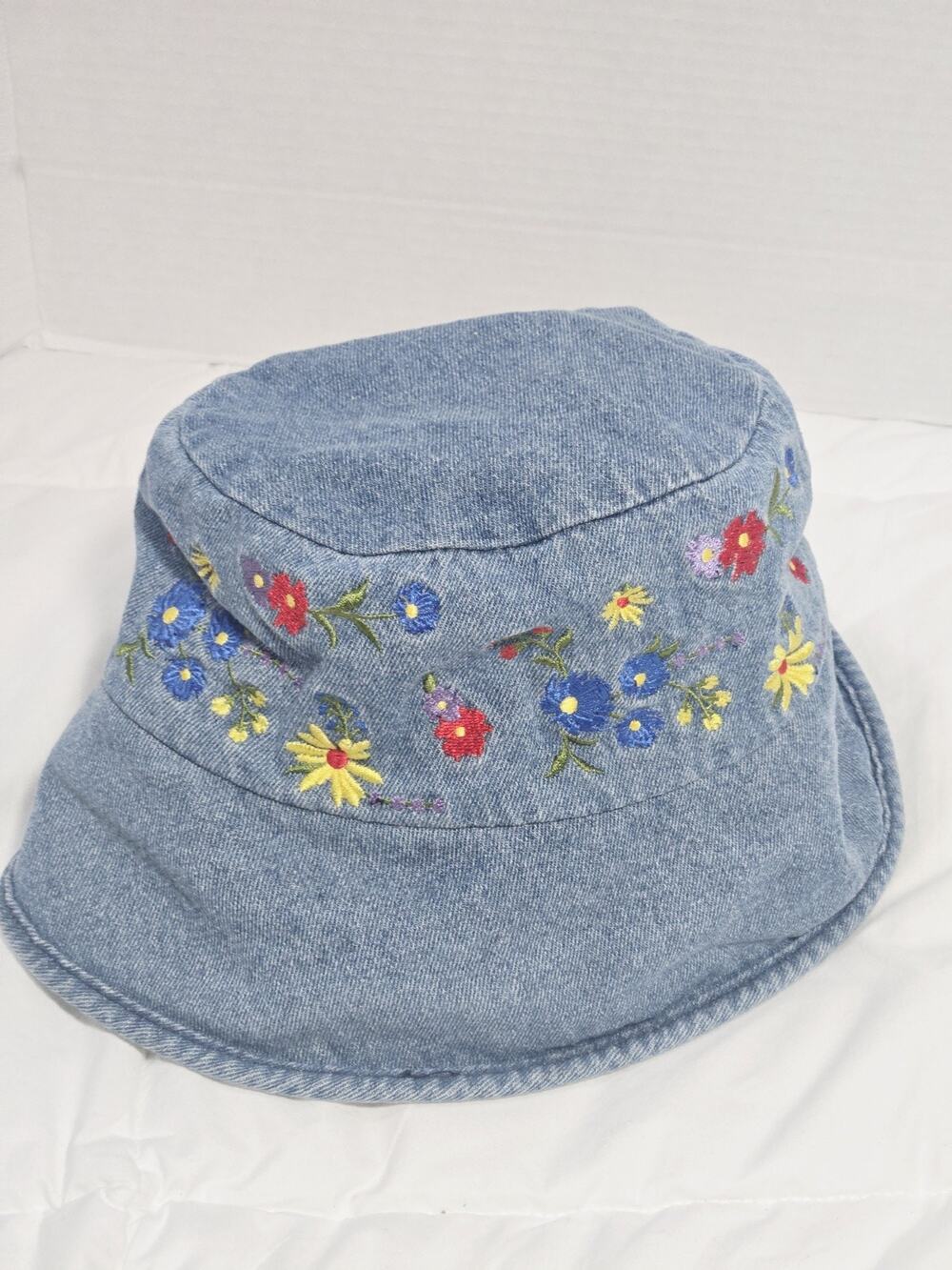 Embroidered Floral Denim Bucket Hat One Size Blue Boho Woman Retro Cotton Y2K